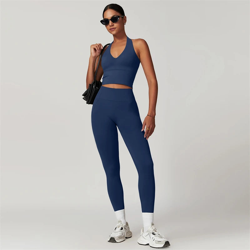 Quick-Dry Yoga Suit Sports Sets Women's Tracksuit Running Crop Tops and Leggings 2 Piece Set Fitness Wear Black Gym Clothing - ATFH