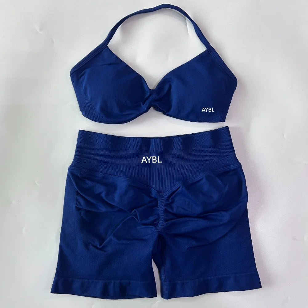 Trendy 2PCS Gym Set Women Strappy Yoga Bra Top High Waist Workout Scrunch Shorts Sports Suit Seamless Yoga Set Fitness Clothes Tahsi Fashion House