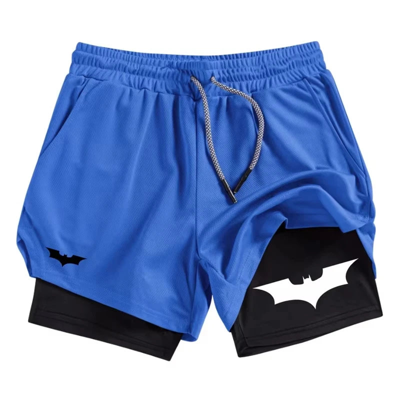 Men's Bat Print 2-in-1 Performance Shorts, Breathable Quick Drying Sports Shorts with Phone Pocket, Gym, Training, Running,