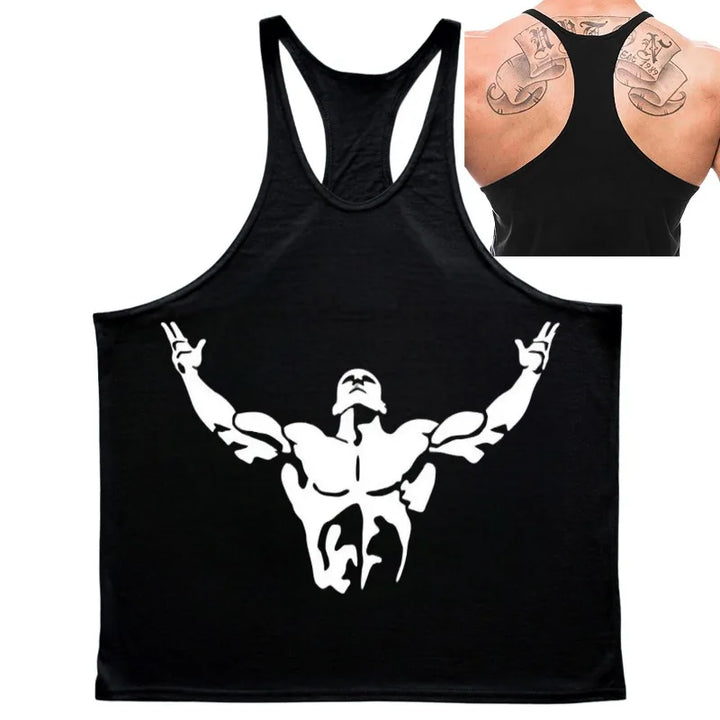Black men's sleeveless cotton-elastane tank top with a white muscular-figure graphic.