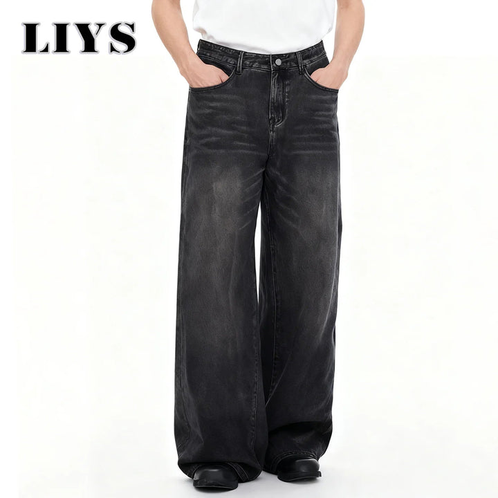 Four Season Men's Jeans Korean Version Student Casual Pant American Retro Gray Black Loose Wide Leg Jean Baggy Men's Denim Pants ATFH