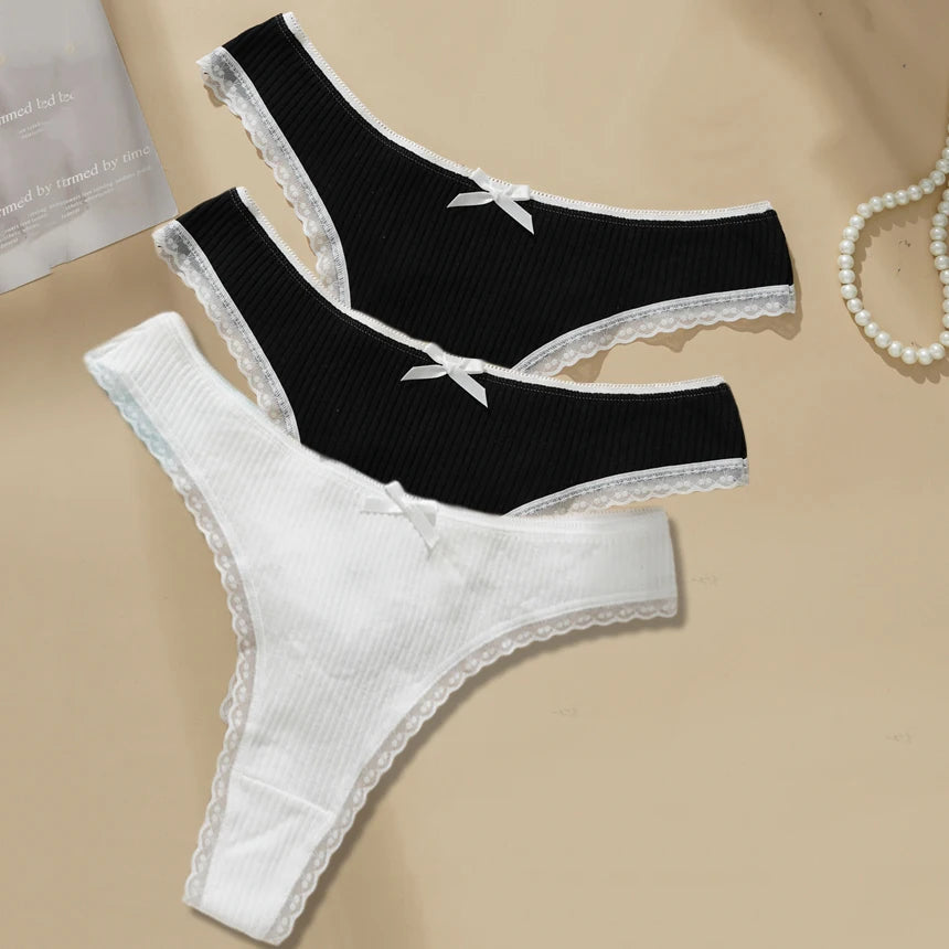 3PCS Sexy Low Waist Panties Women Lace Trim Solid Color Briefs M-XL Breathable Comfortable Lingerie Female Rib Cotton Underwear
