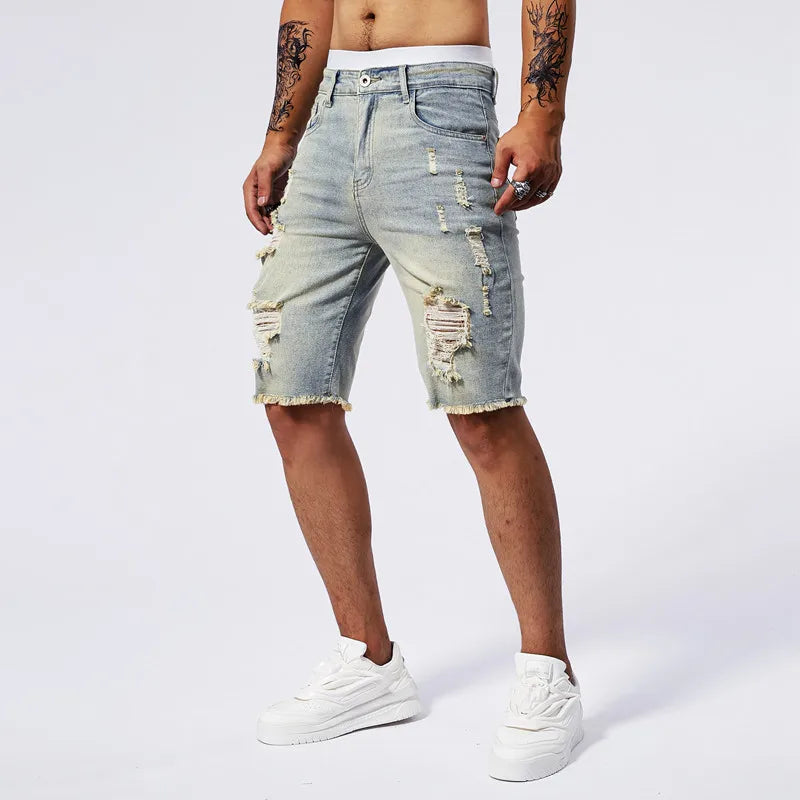 Summer Ripped Jeans Men Stretch Denim Shorts Male Short Jeans Slim Straight Shorts Fashion Black Jeans Man Clothes Streetwear ATFH