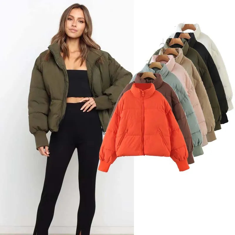 2025 New Women High Neck Short Down Cotton Padded Jacket Loose Slim Warm Puffer Coat Multi Color Options Fashion Versatile ATFH
