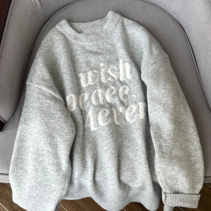 Oversized Letter-print Crew Neck Sweater for Women New Autumn/winter Style Loose and Soft Knitwear - ATFH