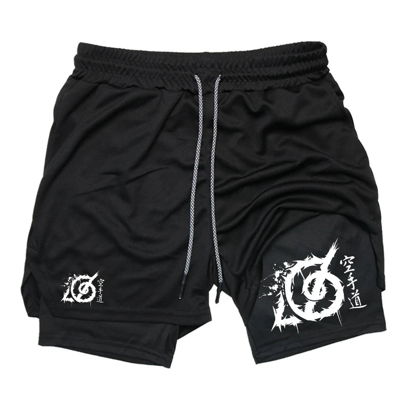 Karate Graphic 2 in 1 Workout Running Shorts for Men Gym Athletic Sport with Compression Liner Phone Pocket Towel Loop