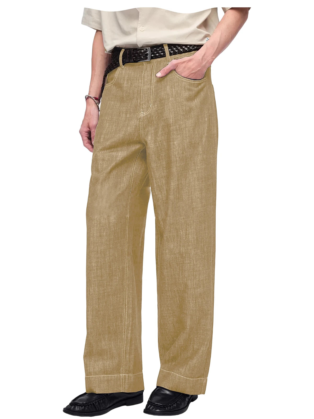 Retro Men's High Waist Wide Leg Jeans Loose Fit Denim Pants Breathable Casual Stretchy Heavyweight Cotton Y2K Baggy Trousers ATFH
