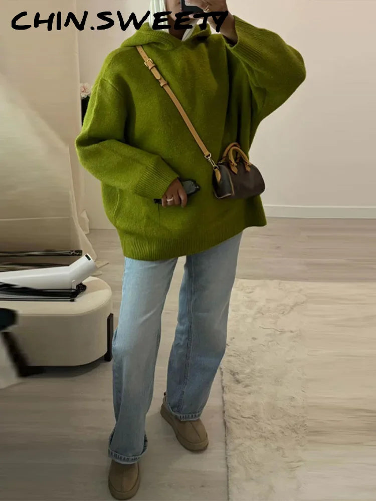 Casual Hooded Knitted Women's Sweater All-matching Green Loose Full Sleeve Pocket Lady Pullover Fashion Spring Female Top 2026 - ATFH