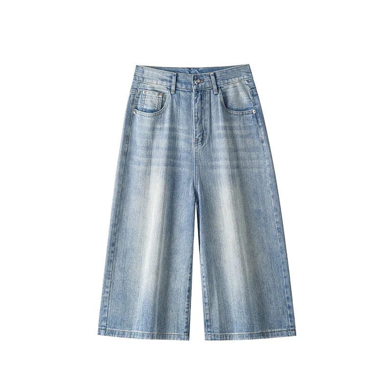 2026 American Street Retro Old Straight Denim Cropped Pants Men's Fattened Large Size Summer Casual Versatile Wide-leg Shorts ATFH