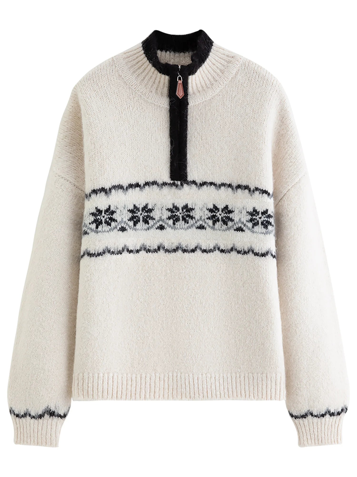 FSLE Vintage Fair Isle Jacquard Knit Sweater for Women 2025 Winter New Arrival Semi Open Front Zip-Up Pullover Winter Sweaters - ATFH