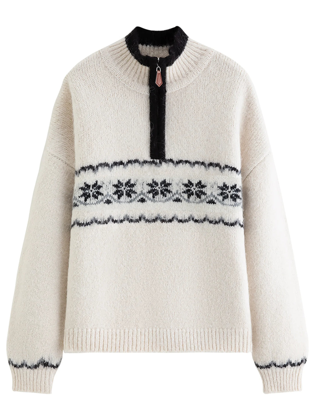 FSLE Vintage Fair Isle Jacquard Knit Sweater for Women 2025 Winter New Arrival Semi Open Front Zip-Up Pullover Winter Sweaters - ATFH