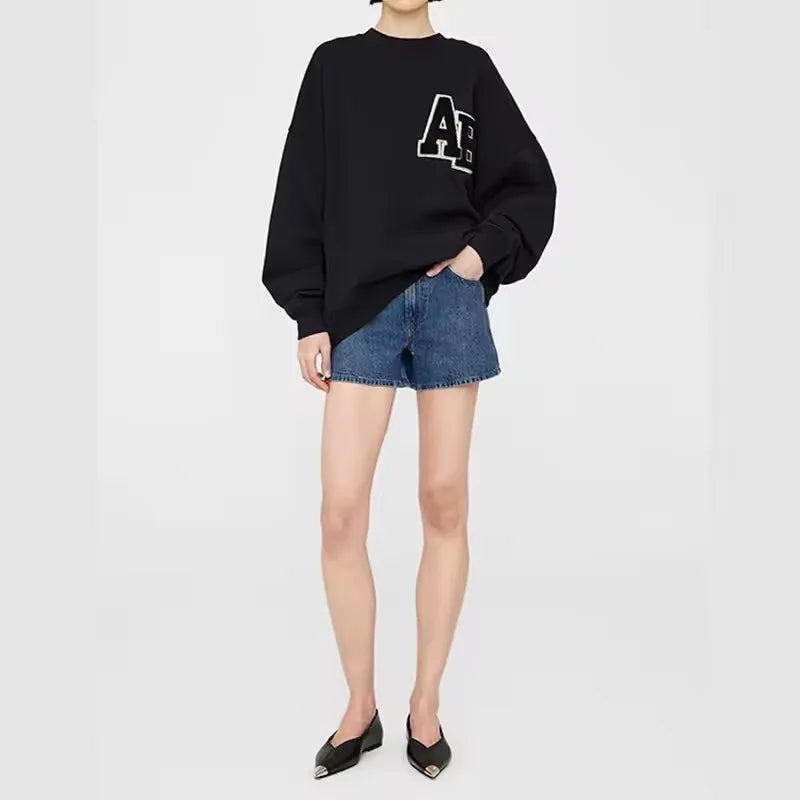 Grey Classic Letter Patch Embroidered Sweatshirt Women Soft Fleece Lining Crew Neck Long Sleeve Sweatshirts Female Autumn Winter - ATFH
