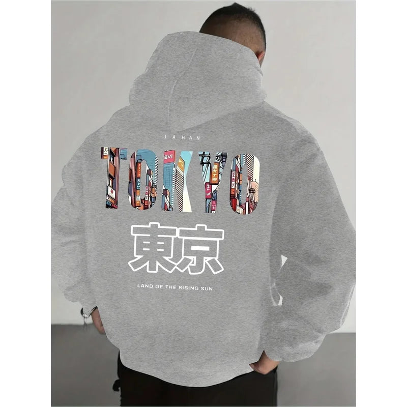 Men's casual printed hoodie regular fit, Japanese Tokyo minimalistic print fashion long-sleeve fleece pullover