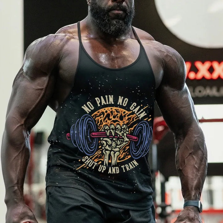 Men's black gym stringer tank top featuring a skeletal hand gripping a barbell with No Pain No Gain slogan