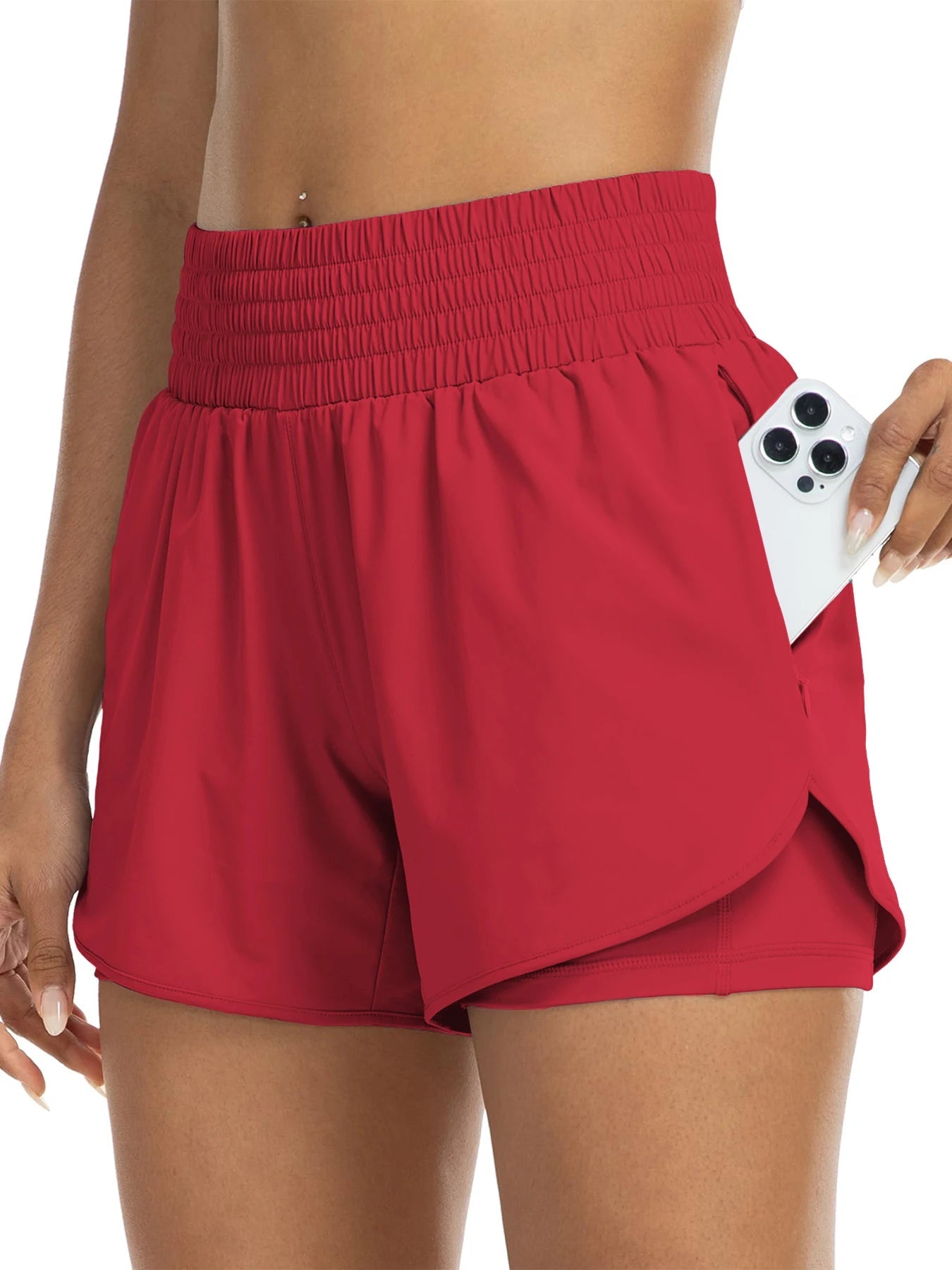 Women's high-waisted athletic shorts for running, yoga, layered design, anti-exposure, fitness, and workout with pockets Tahsi Fashion House
