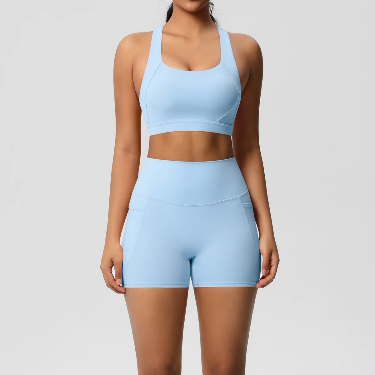 2PCS Sportswear With Pocketed Yoga Set Gym Clothes Yoga Suits For Women Tracksuits Sports Shorts Crossover Bra Gym Leggings - ATFH