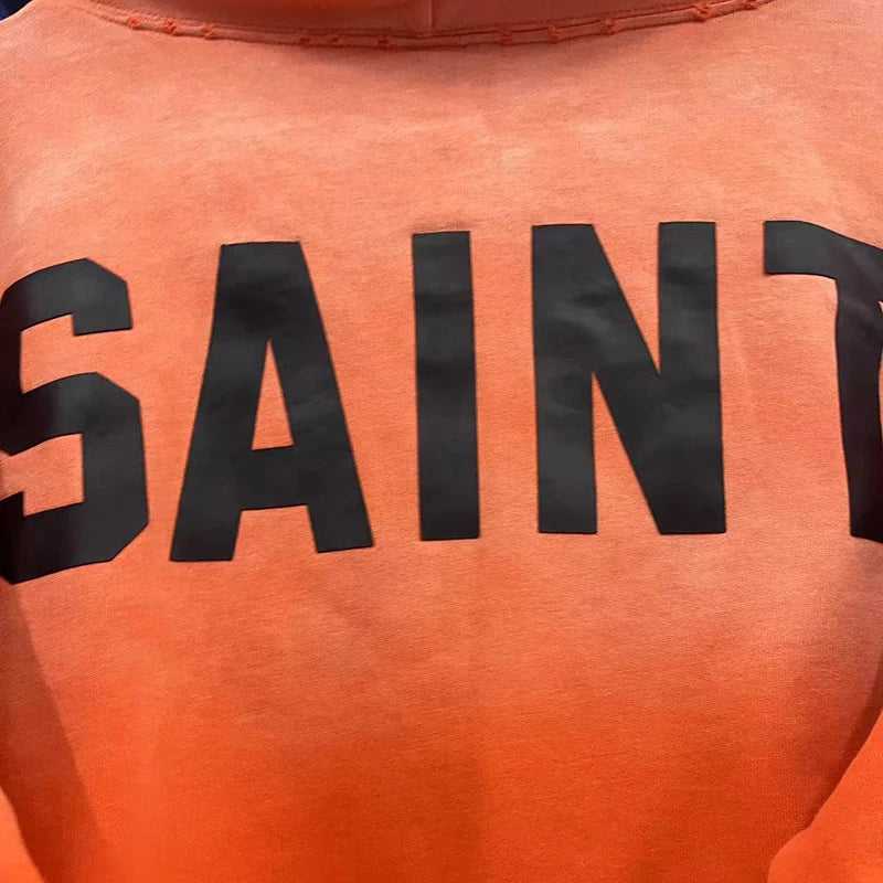 Simple Classic Letters Logo Print Orange Saint Hoodie Hooded Men Women Streetwear Vintage Washed Damaged Hole Pullovers - ATFH
