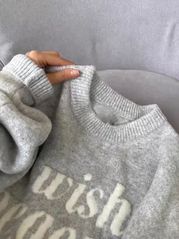 American Retro Pullover Sweater Letter Jacquard Gray Top Women Autumn Winter Round Neck Casual Simple Knitted Top - ATFH