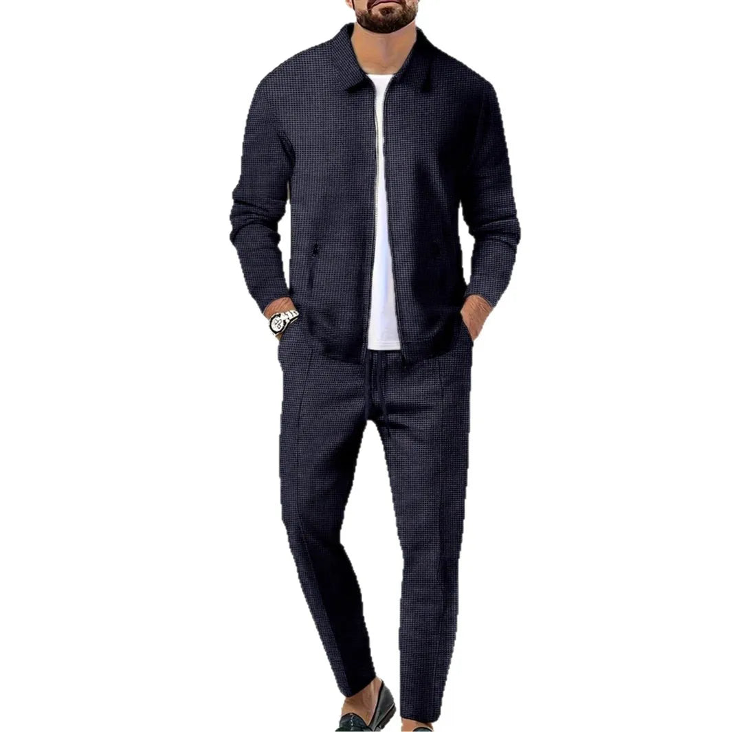 Men's Spring Waffle Two-Piece Set Casual Sports Suit with Zipper Long-Sleeved Jacket And Pants Collared - ATFH