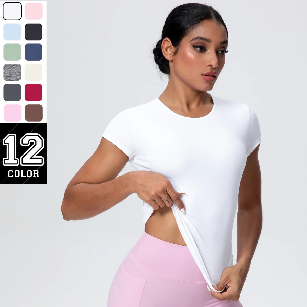 1 PC Solid Color Scrunch Slim Casual Yoga T-Shirt Gym Sports Running Shirts for Woman Fitness Training Breathable Naked Feel Top - ATFH