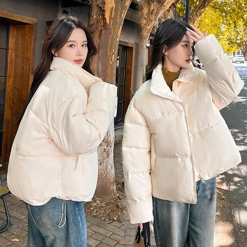 New Winter Women's Quilted Jacket Geometric Print Stand Collar Drawstring Puff Coat For Lady Korean-style Loose Female's Outwear ATFH