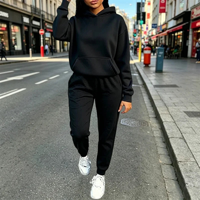 Women's Outfits Solid Color Casual Hooded Sweatshirt Sweatpants 2 Pcs Suit Sports Jogging Clothes Autumn Winter Woman Pants Sets