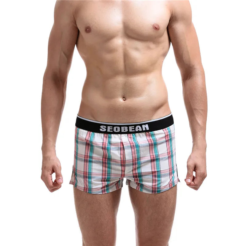 SEOBEAN Classic Plaid Mens Boxer Shorts 100% Cotton Underwear Boxershorts U convex Pouch Arrow Panties Shorts Men Sleep Bottoms