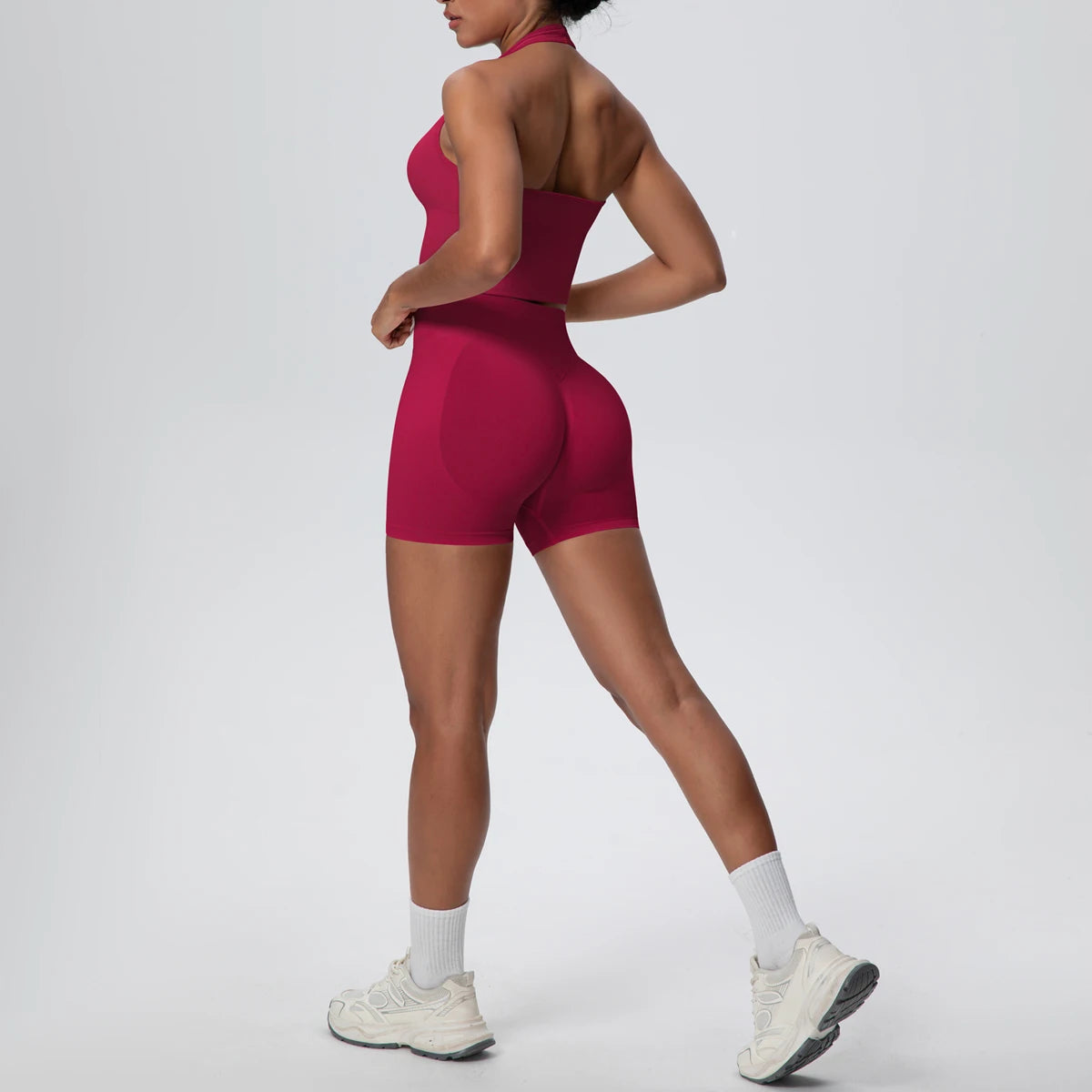 2Pieces Breathable Hanging Neck Bra Fitness Shorts Yoga Set for Woman's Quick-Dry Hip Push Up Seamless Sports Top Yoga Suit - ATFH