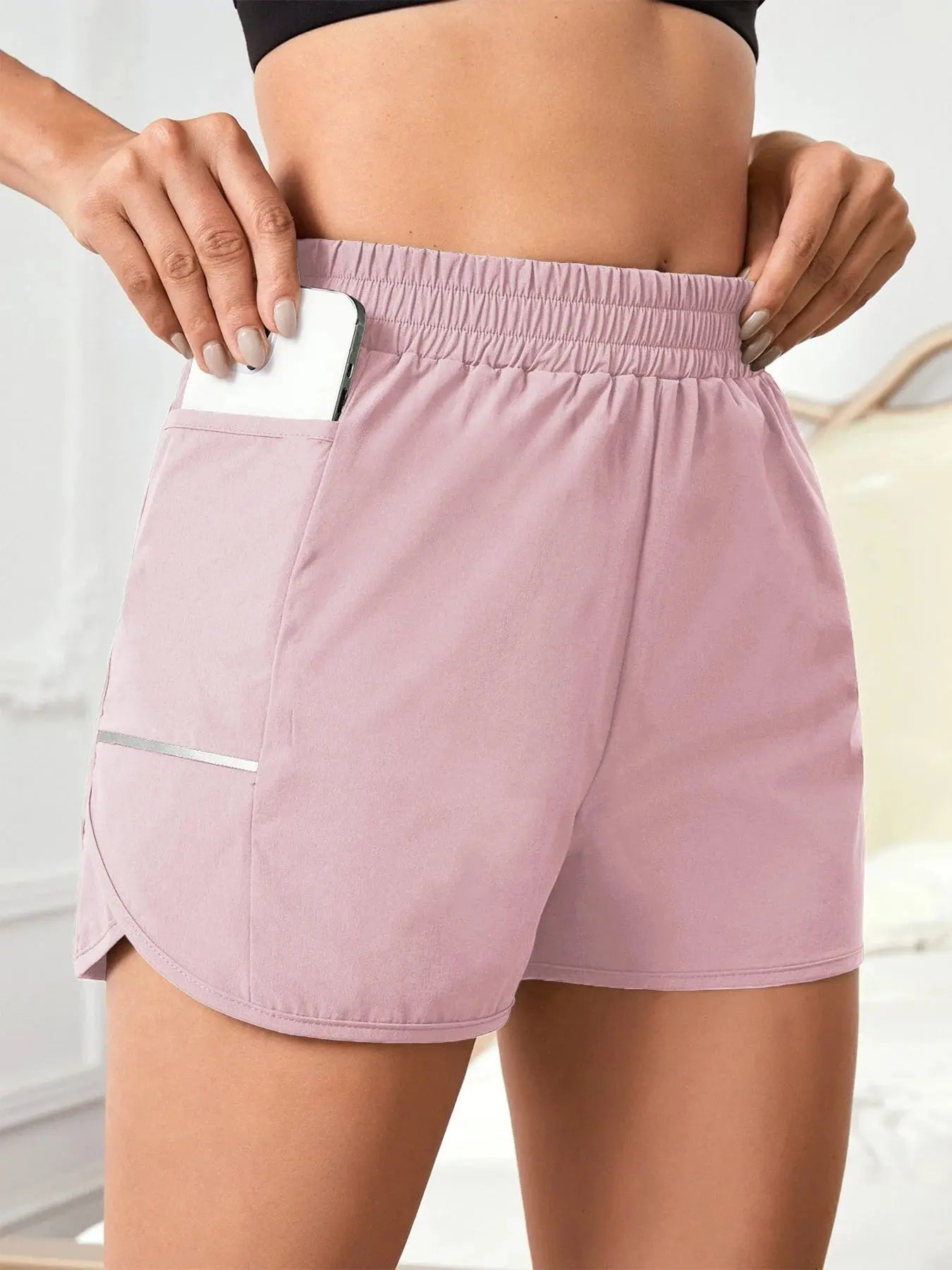 Women's new shorts with mobile phone pocket, elastic waist, sports belt, reflective strips, casual fashion sports shorts Tahsi Fashion House