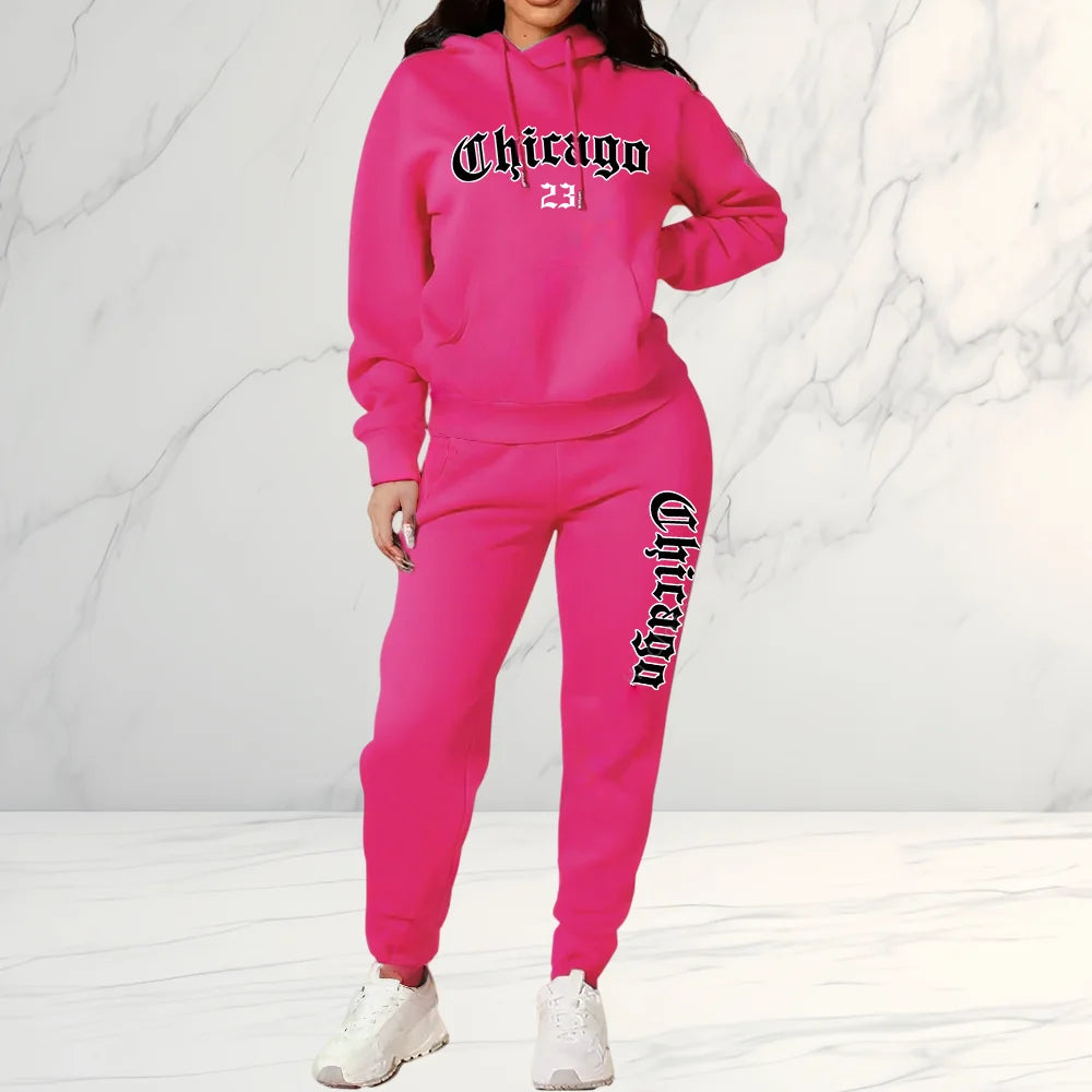 2026 Women's Fleece-Like Hooded Sweatshirt & Joggers Set Print Polyester Lounge Set Matching Sets All-Season Comfort Pant Sets - ATFH