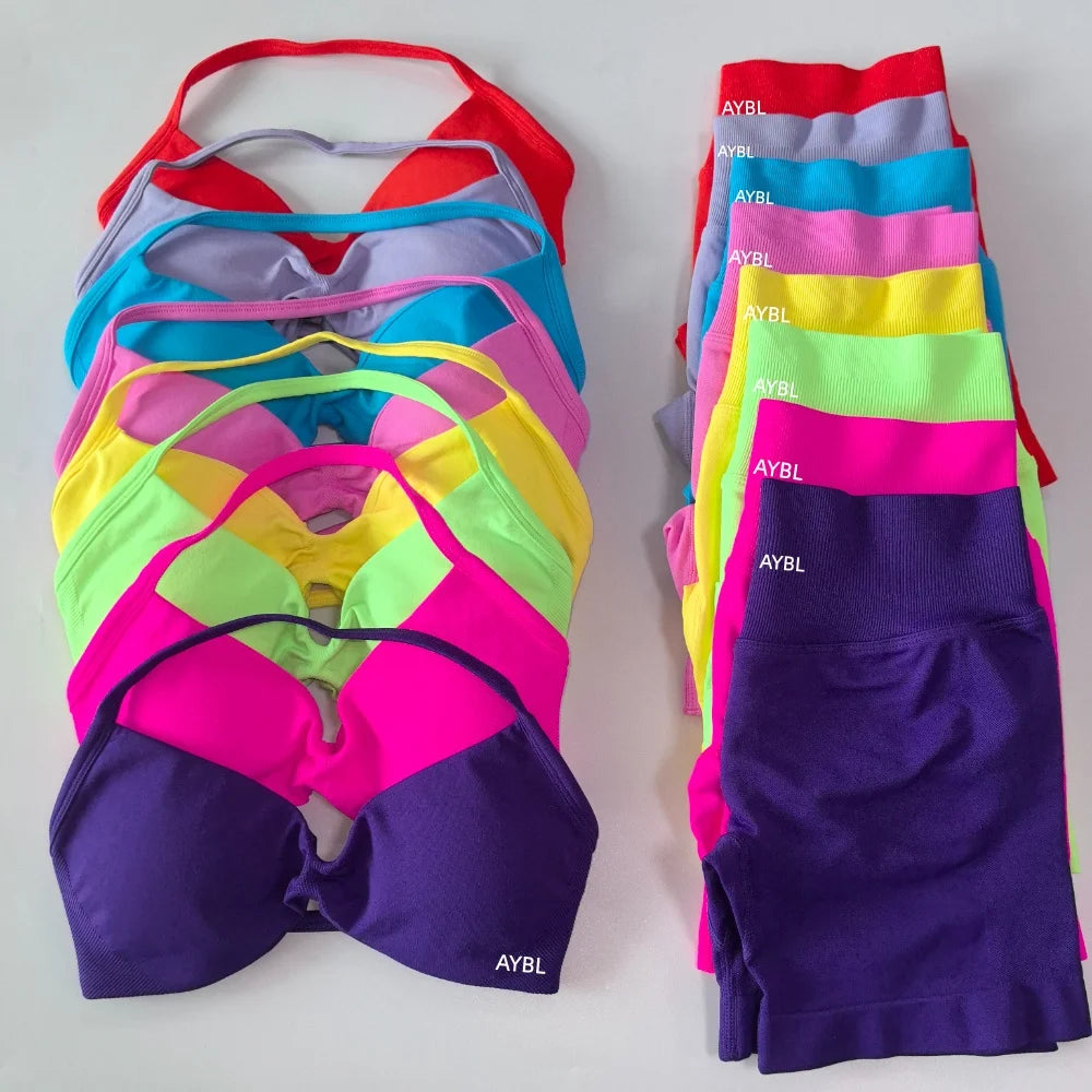 Trendy 2PCS Gym Set Women Strappy Yoga Bra Top High Waist Workout Scrunch Shorts Sports Suit Seamless Yoga Set Fitness Clothes Tahsi Fashion House