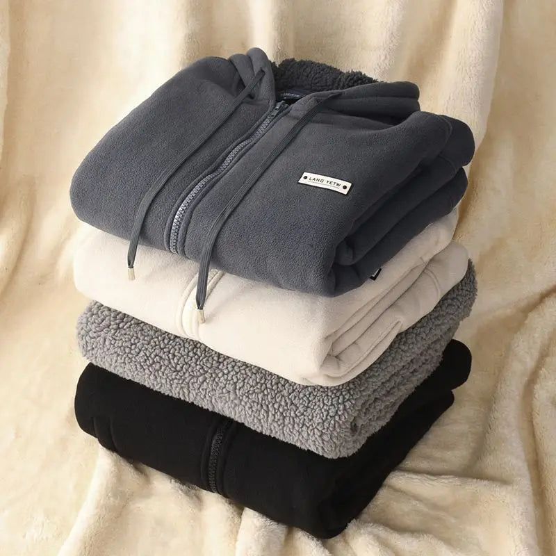 New Men's Warm Fleece Hoodie Winter Full-Zip Loose Fit Oversize Sweatshirt Coat Casual Thickened Coldproof Hooded Cardigan - ATFH