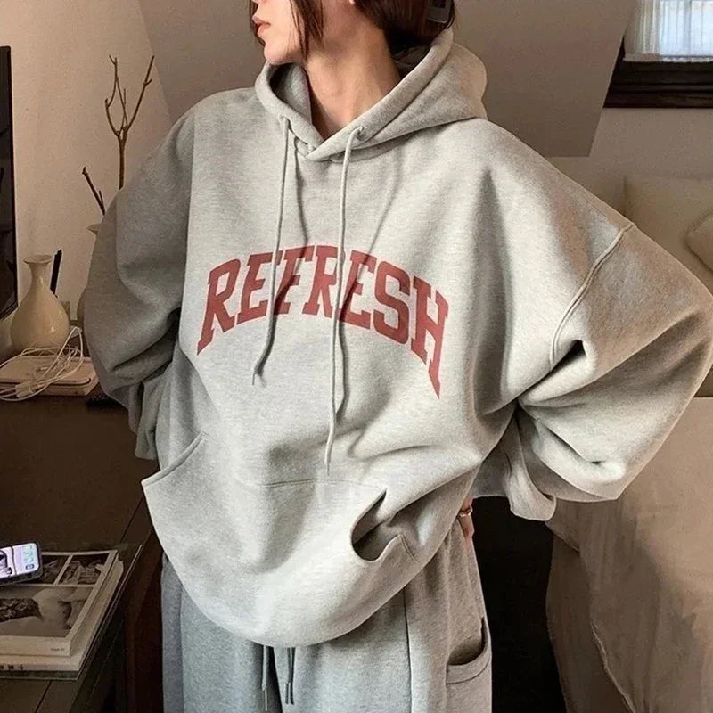 Rimocy Autumn Winter Printed Hoodie Women Korean FashionThicken Hooded Sweatshirts Woman Y2K Streetwear Loose Hoodies - ATFH