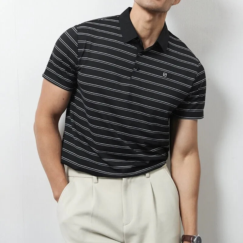 Brand Striped Short Sleeve Polo Shirts Men Trendy Business Casual Lapel T-shirts Social Office POLO Tees Tops Men Clothing 2025