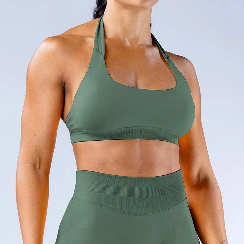Impact Sports Bra Women Seamless Halter Neck Strap Yoga Bra With Padded Sexy Open Back Yoga Top Bra Medium Support Gym Crop Top - ATFH