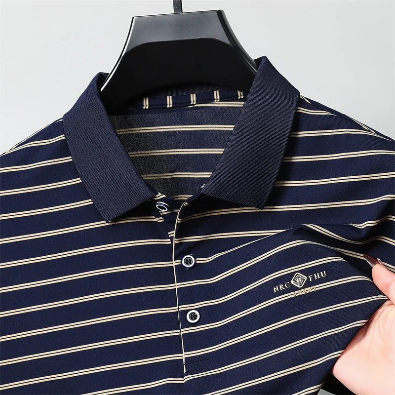 Luxury exquisite letter embosse short sleeve polo shirt new trend brand striped men's T-shirt premium silk cotton comfort top