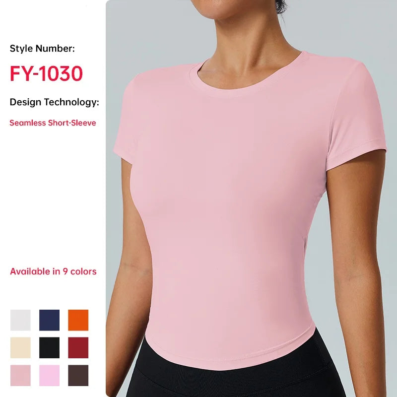 Women's Outdoor Fitness Yoga Top Round-Neck Short Sleeve Quick-Dry Compression T-Shirt for Running and Yoga - ATFH