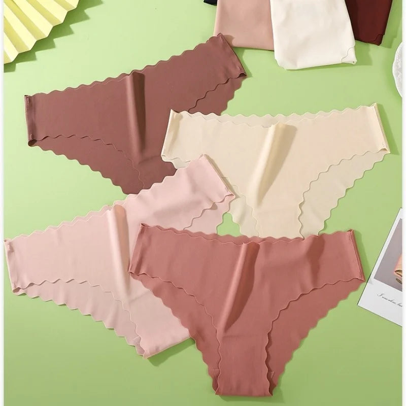 4Pcs/Set Ice Silk Mid-Rise Panties Women's Seamless Briefs Solid No Show Underwear Scalloped Edge Panties Sexy Lingerie XS-XL