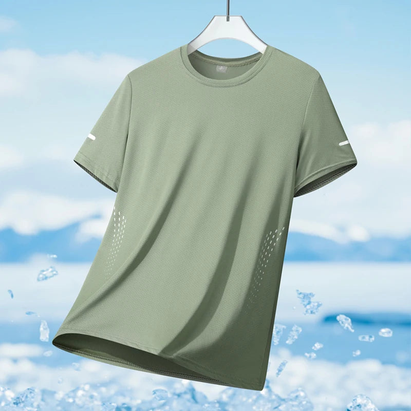 Running T-shirt Men Summer Ice Silk Thin Top Reflective Printing Quick Dry Short Sleeve Breathable Fitness Sports T-shirt 5XL ATFH