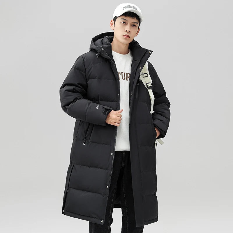 New White Duck Down Jacket Men Winter Mid Long Coat Hooded Thicken Warm Couple Outerwear Mens Puffer Jacket Parka Daily