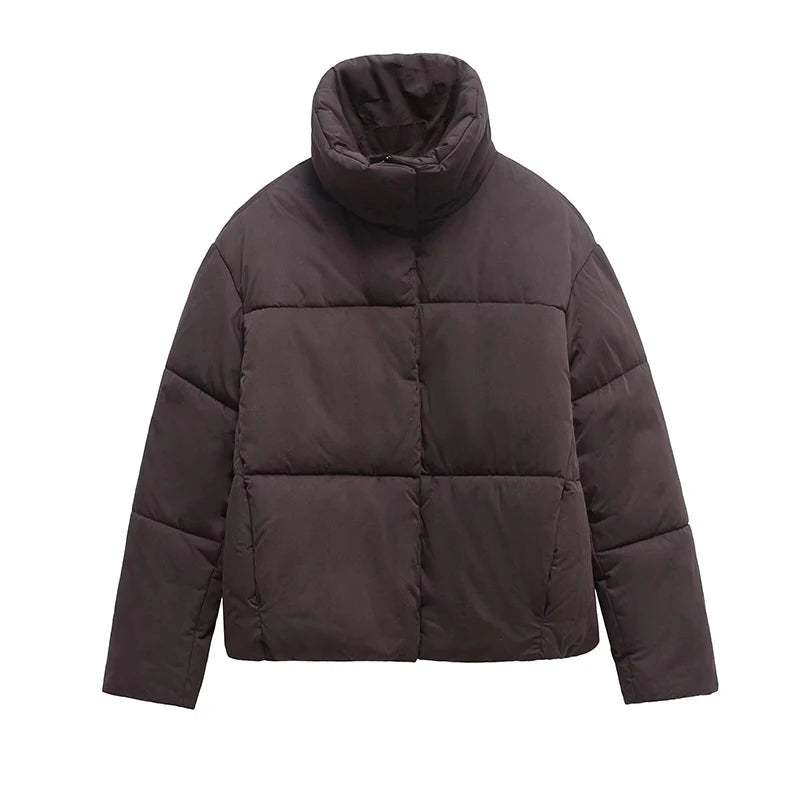Solid Cropped Short Puffer Jacket Women Fashion High Collar Full Sleeve Drawstring Hem Warm Coat 2025 Winter Casual Outerwear ATFH