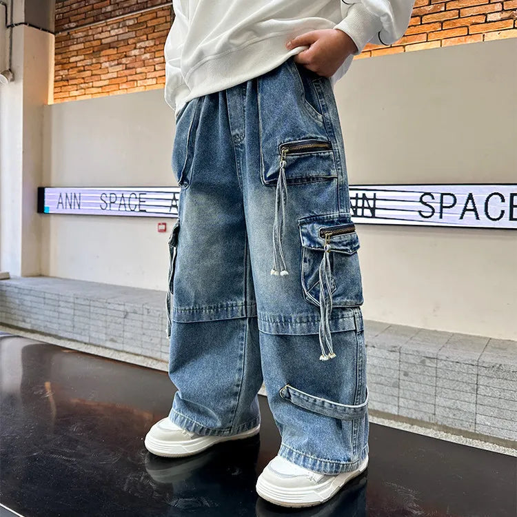 Boys Jeans 2025 New Spring Autumn Pants Children's Straight Trousers Teenager Wide-legged Cargo Denim Pants Kids Loose Clothes ATFH