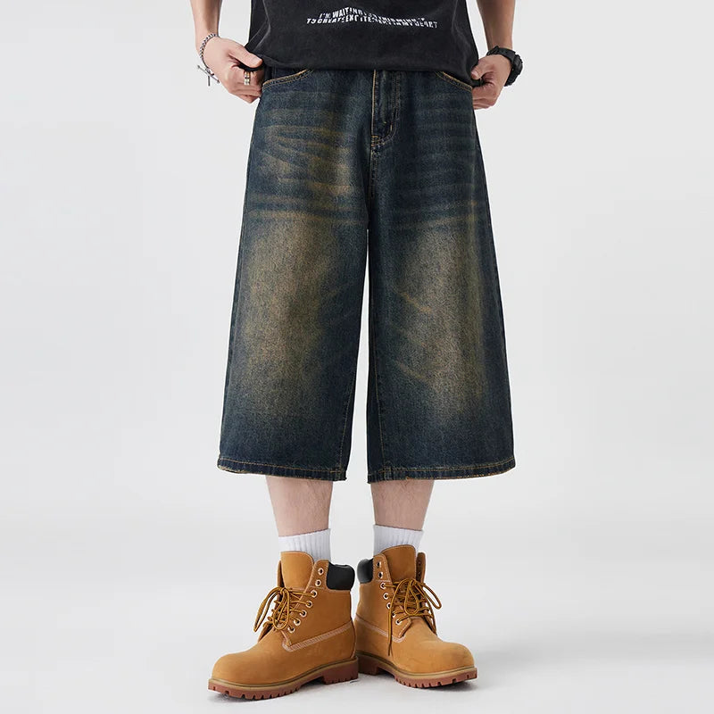 Men's Non-Elastic Denim Seven-Five Shorts Loose Wide Leg Fit Versatile Simple Style Casual Shorts ATFH