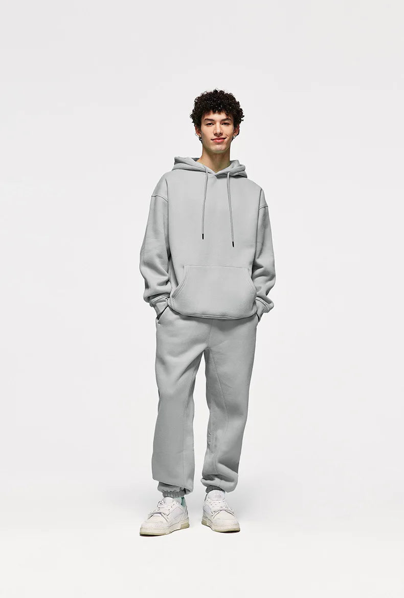 Autumn/Winter New Men's Solid Color Hoodie+Sports Pants Two Piece Outdoor Casual Fashion Loose Large Sports Set - ATFH