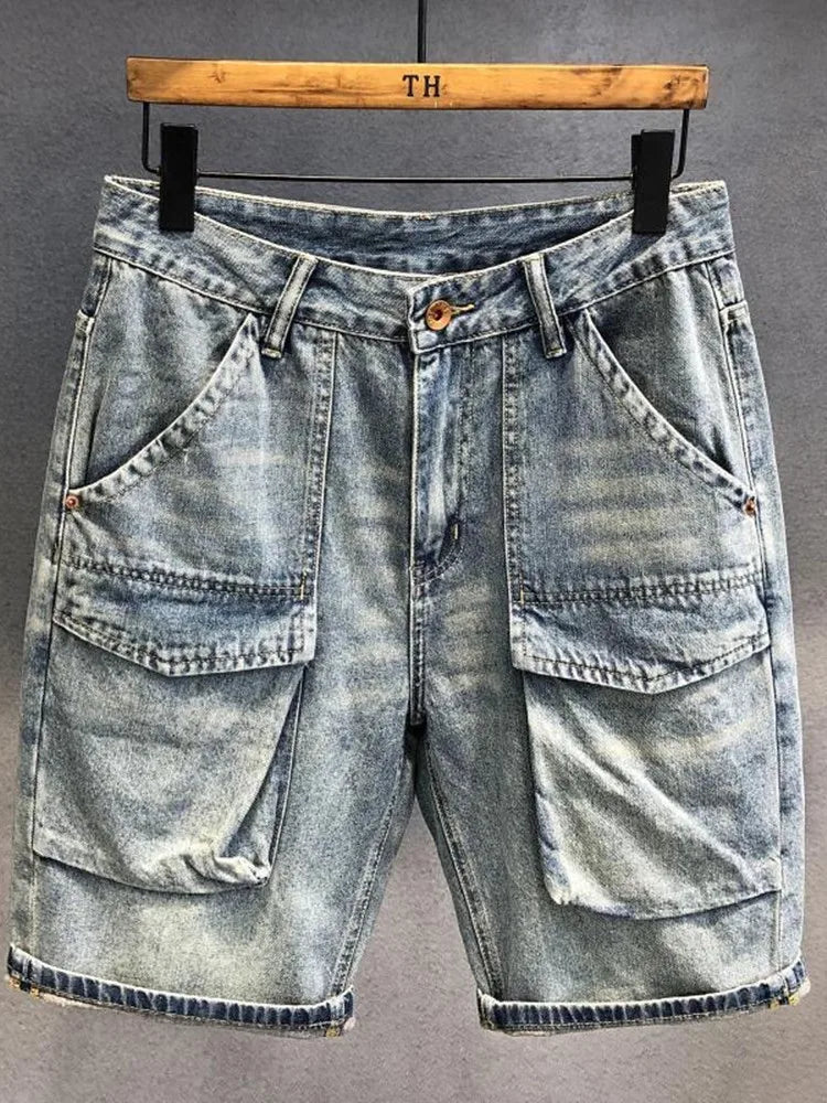 Summer New Fashion Solid Color American Retro Straight Leg Multi-Pocket Denim Shorts Men's Casual Loose Sports High-Grade Shorts ATFH