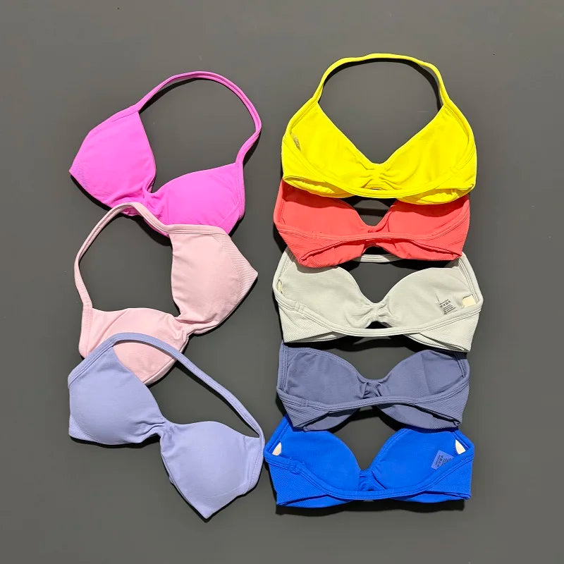 Sports Strappy Bra Yoga Underwear Women Gym Top Running Exercise Backless Bra High Support Active Wear Fitness Workout Halter - ATFH