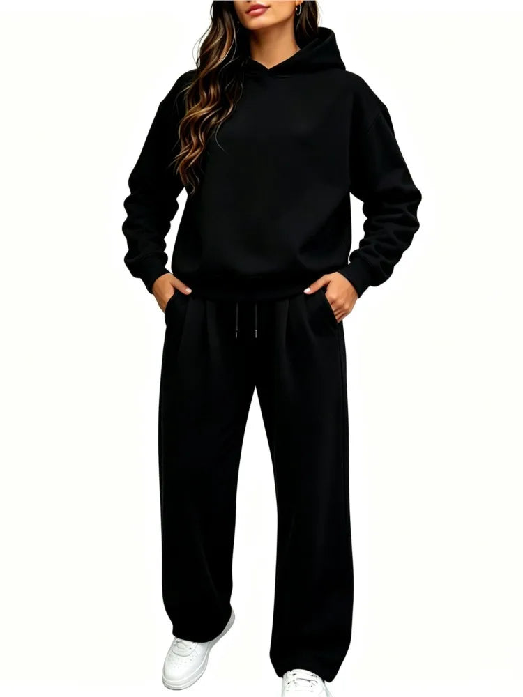 Casual Hooded Sweatshirt Set 2026 Autumn And Winter Solid Color Long Sleeved Women's Fashionable Loose Women's Top Two-piece Set