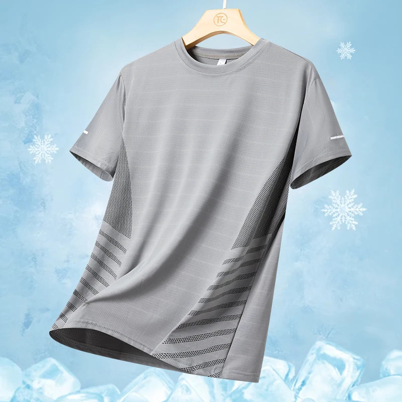 Running T-shirt Men Summer Ice Silk Thin Top Reflective Printing Quick Dry Short Sleeve Breathable Fitness Sports T-shirt 5XL ATFH