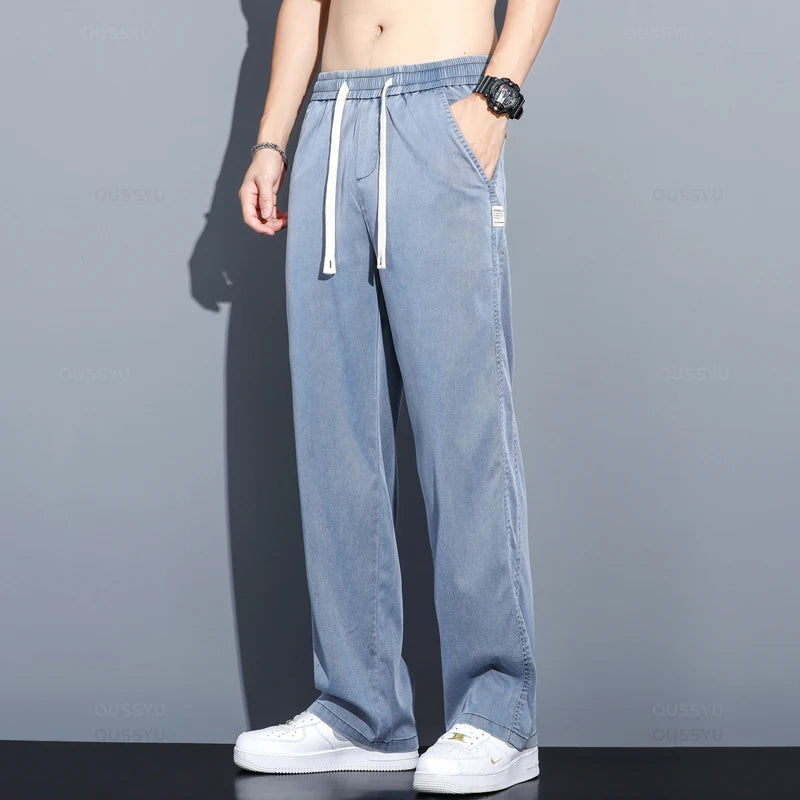 Summer Thin Soft Lyocell Fabric Jeans Men Loose Straight Wide Leg Pants Drawstring Elastic Waist Casual Trousers Plus Size M-5XL ATFH