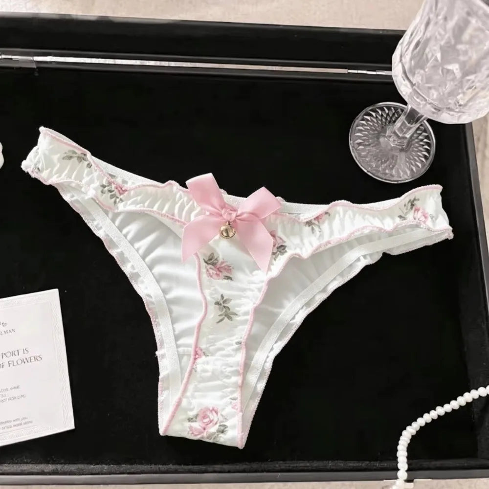 Japanese Style Sweet Bow Women Panties Ruffle Low Waist Girls Briefs Flower Ice Silk Printed Underwear Students